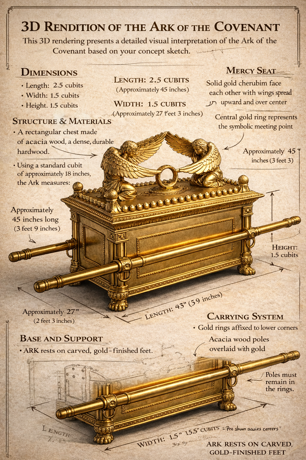 Three-dimensional rendering of the Ark of the Covenant, showing the gilded chest, the mercy seat with two facing cherubim, and the carrying poles held in rings at the lower corners
